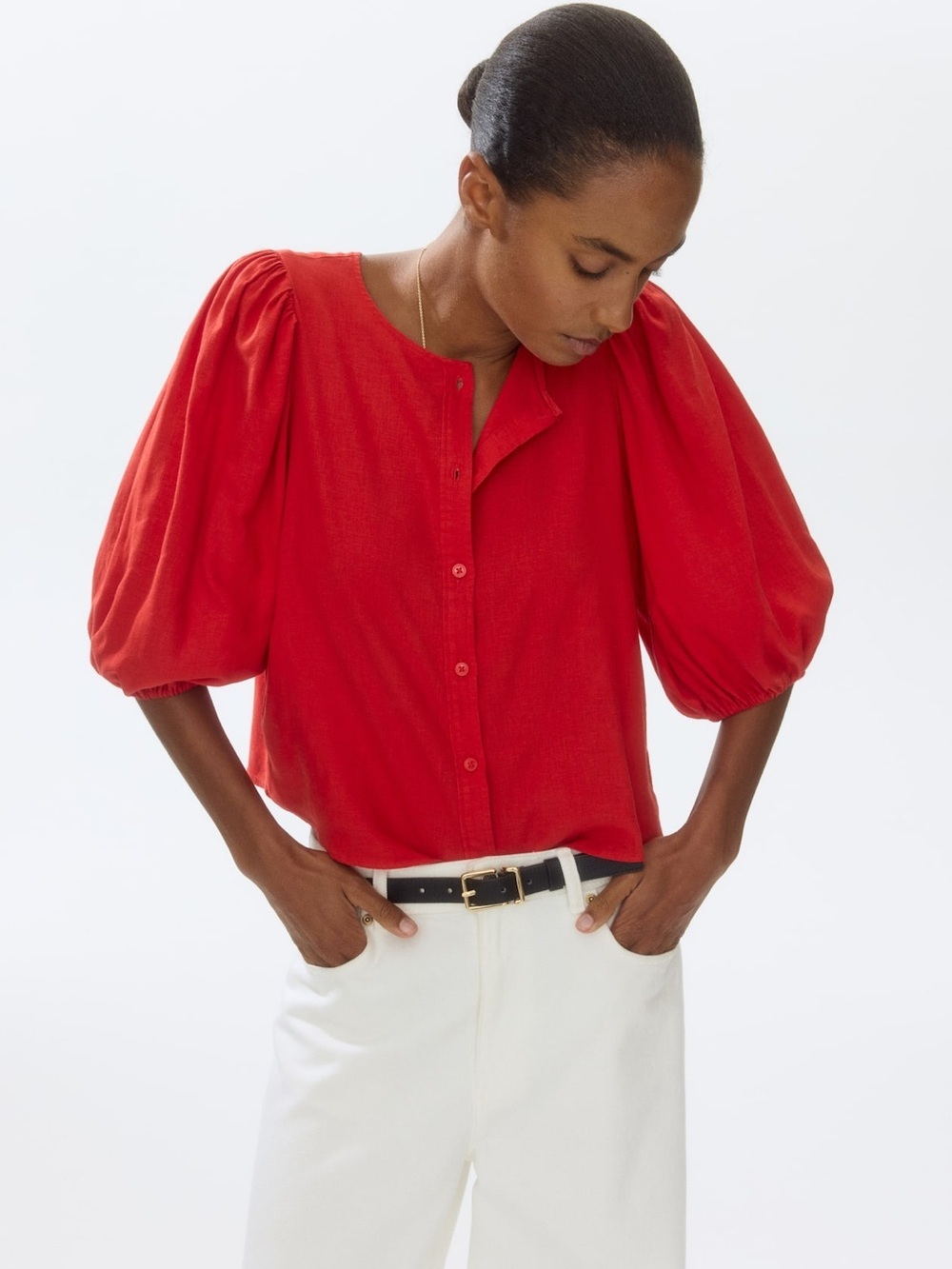 H&M Red Puff-Sleeve Button-Front Linen Blend Blouse Top XL